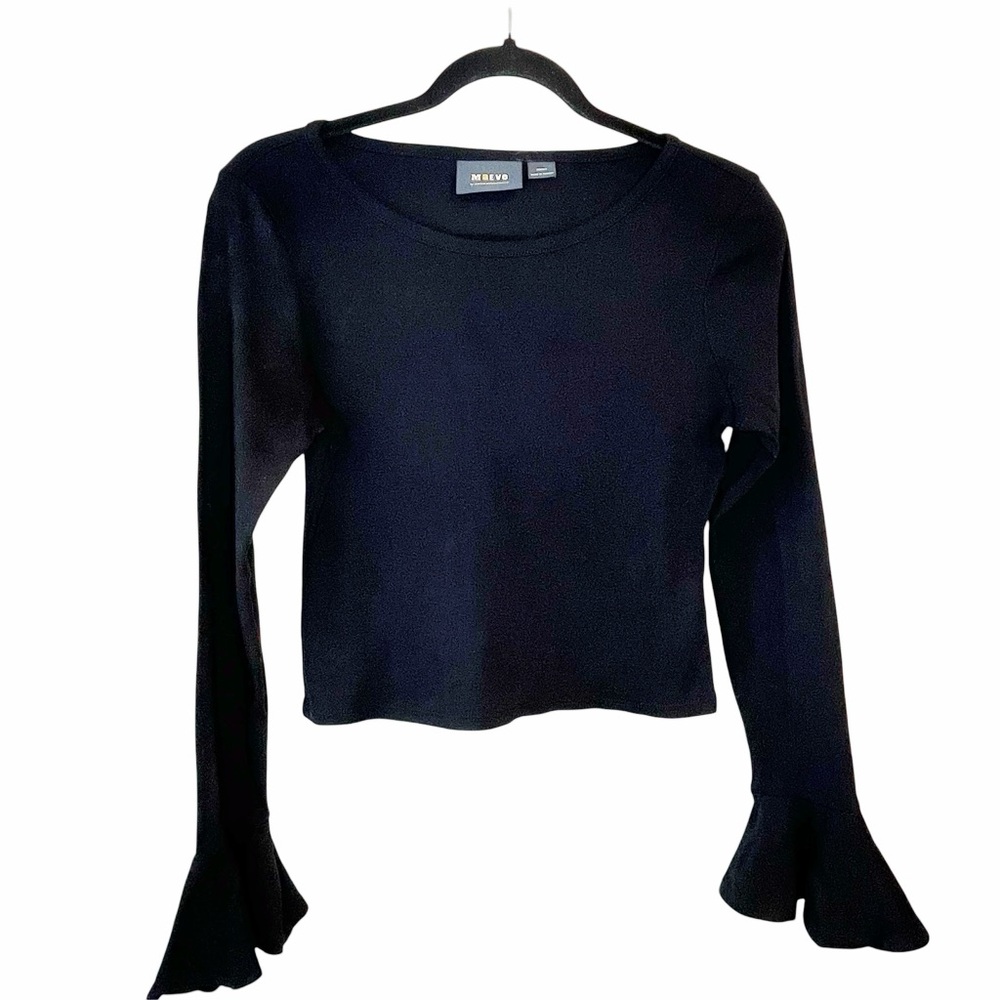 Maeve Elegant Black Long Sleeve Crew Neck Ruffle Sleeve Cropped Top Whimsigoth - Picture 4 of 8